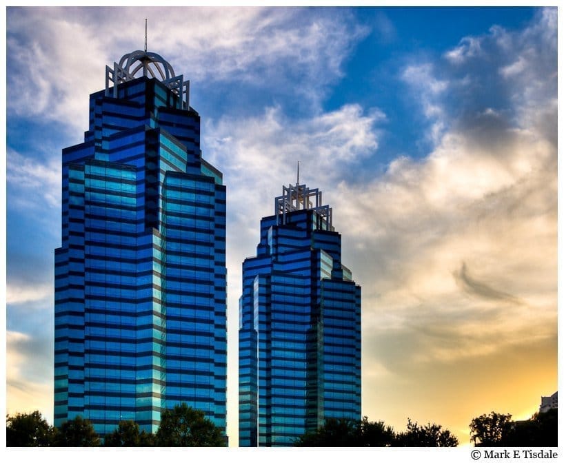 Dusk Photo of the King and Queen Towers near Georgia 400 and I-285 in Atlanta Georgia