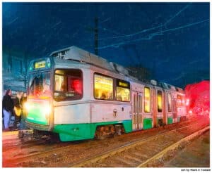 Boston Green Line Train Print - Brookline, MA at Night