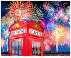 Red Phone Booth Art With Brilliant Fireworks