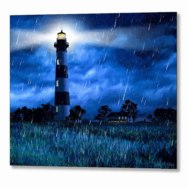 Bodie Island Lighthouse – Rainy Night Metal Print