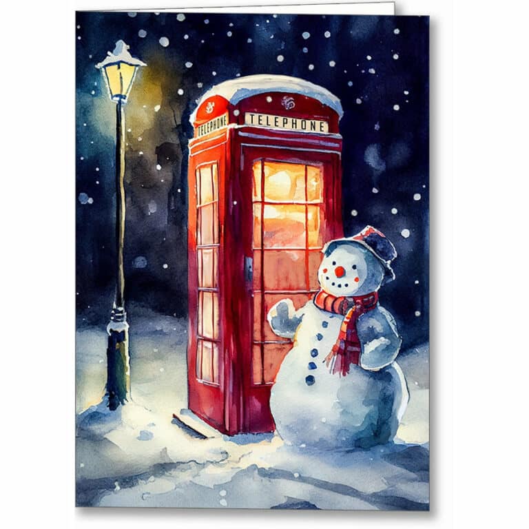 British Phone Booth And Snowman Christmas Card