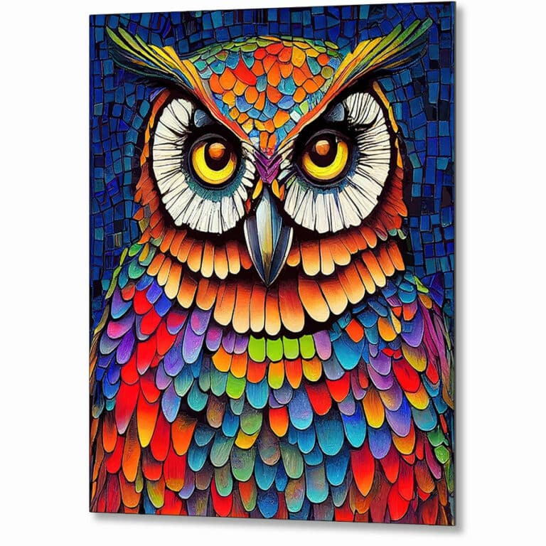 Colorful Owl Portrait – Mosaic Metal Print