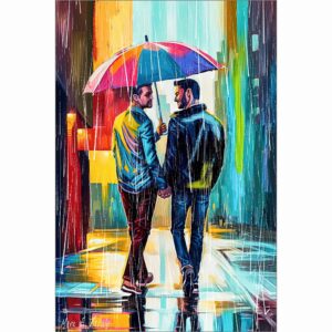 Gay Couple In The Rain - Colorful Two Hearts Art Print
