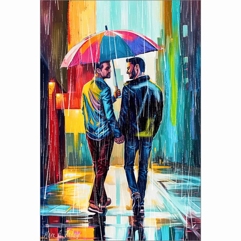 Gay Couple In The Rain – Colorful Two Hearts Art Print