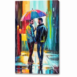 Gay Couple In The Rain - Colorful Two Hearts Canvas Print
