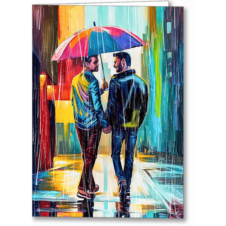 Gay Couple In The Rain – Colorful Two Hearts Greeting Card