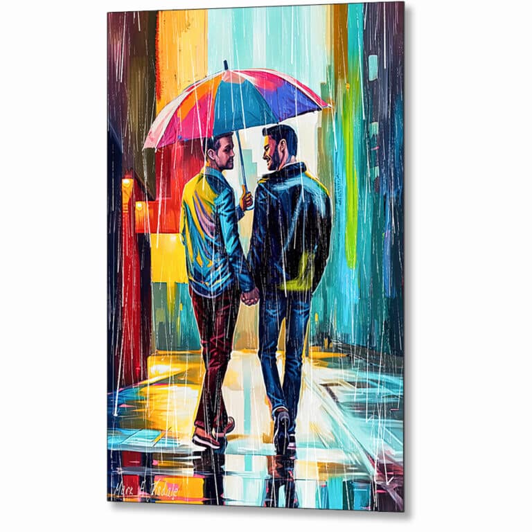 Gay Couple In The Rain – Colorful Two Hearts Metal Print