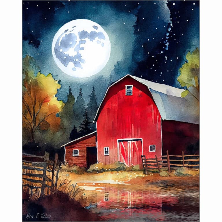 Old Red Barn under Full Moon Art Print