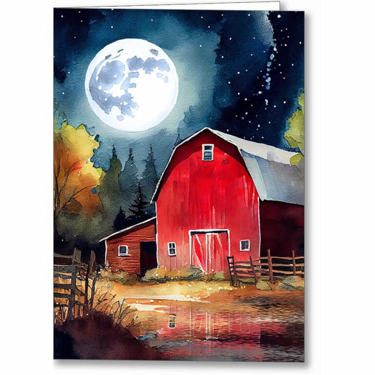 Old Red Barn under Full Moon Greeting Card