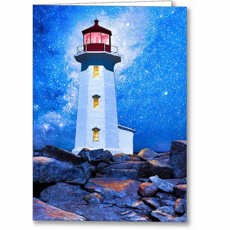 Peggys Cove Lighthouse at Night – Canada Greeting Card