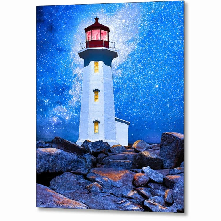 Peggys Cove Lighthouse at Night – Canada Metal Print