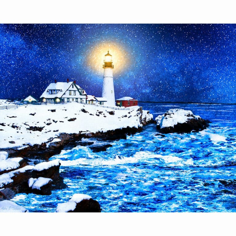 Portland Head Light In The Snow – Winter Night Art Print
