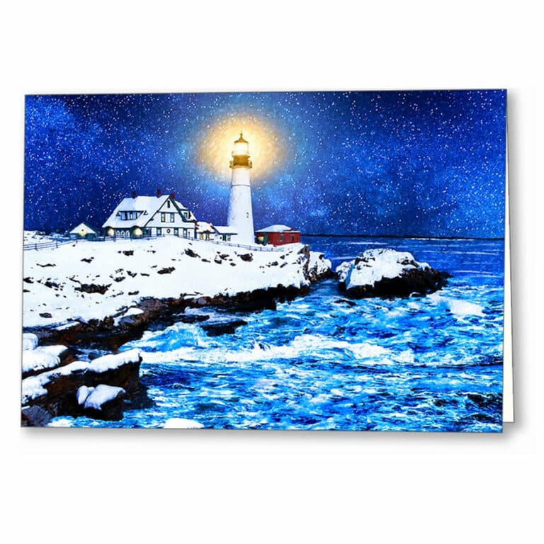 Portland Head Light In The Snow – Winter Night Greeting Card