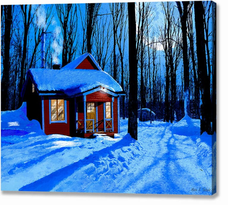 Red Cabin In The Snow – Winter Night Canvas Print
