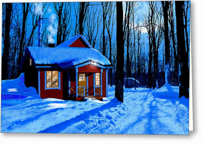 Red Cabin In The Snow – Winter Night Greeting Card
