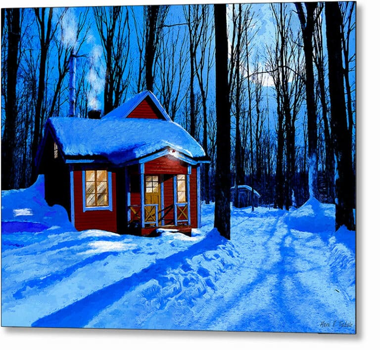 Red Cabin In The Snow – Winter Night Metal Print