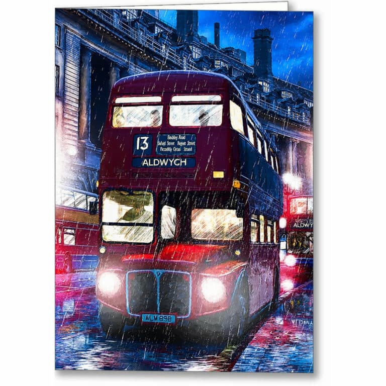 Routemaster Bus – Rainy London Greeting Card