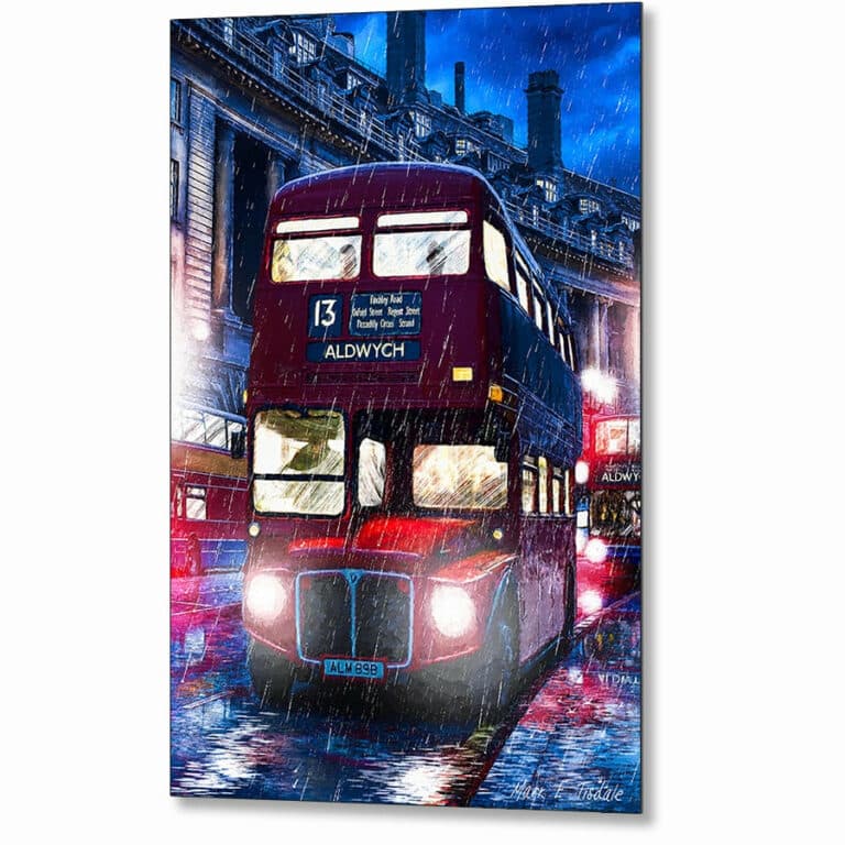 Routemaster Bus – Rainy London Metal Print