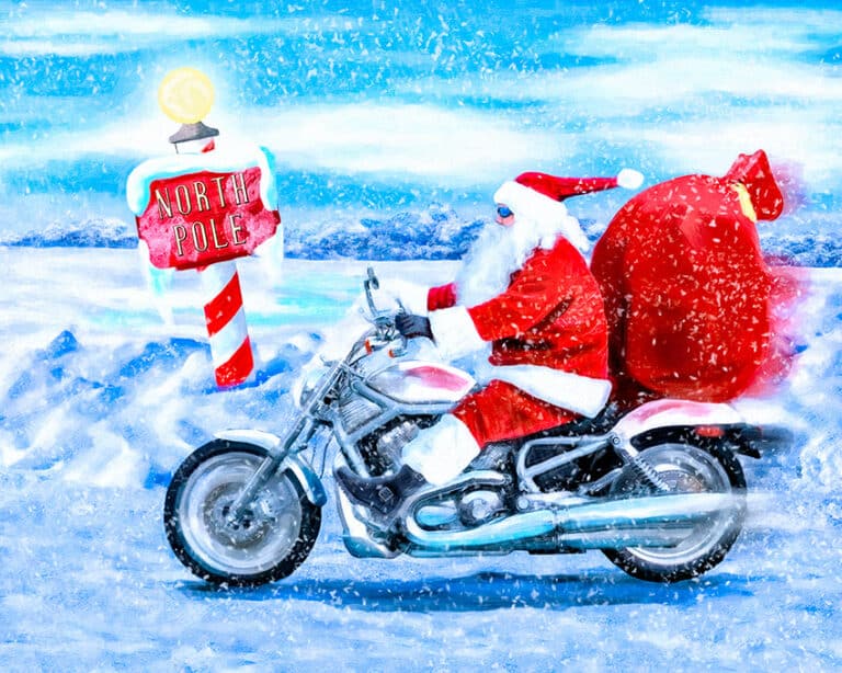 Santa Claus On A Motorcycle – Christmas Art Print