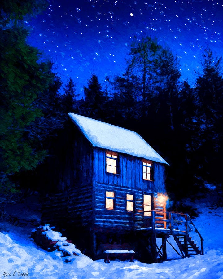 Starry Night – Snowy Cabin Art Print