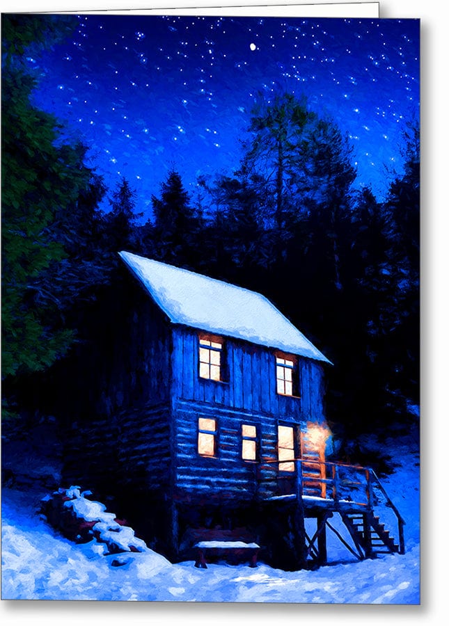 Starry Night – Snowy Cabin Greeting Card