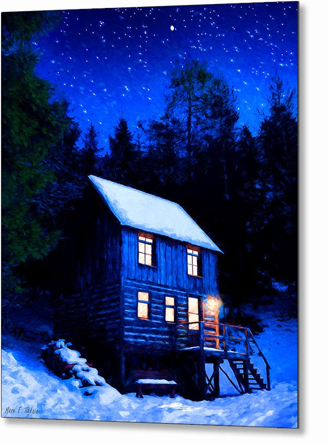 Starry Night – Snowy Cabin Metal Print