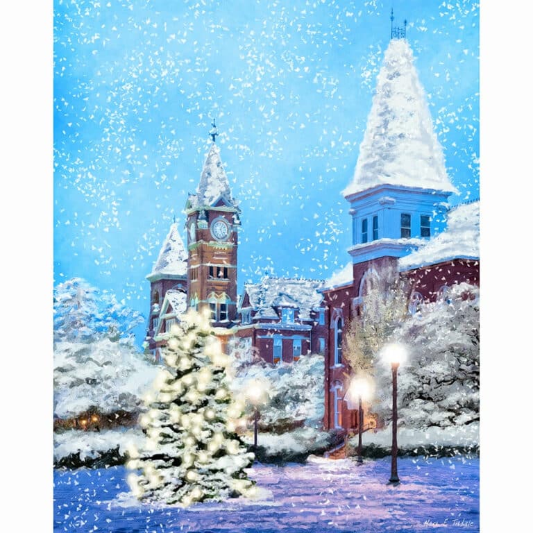 Snowy Auburn Campus – Alabama Christmas Art Print