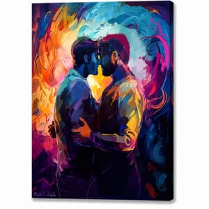 Two gay men embracing - colorful artwork available as a wrapped canvas print
