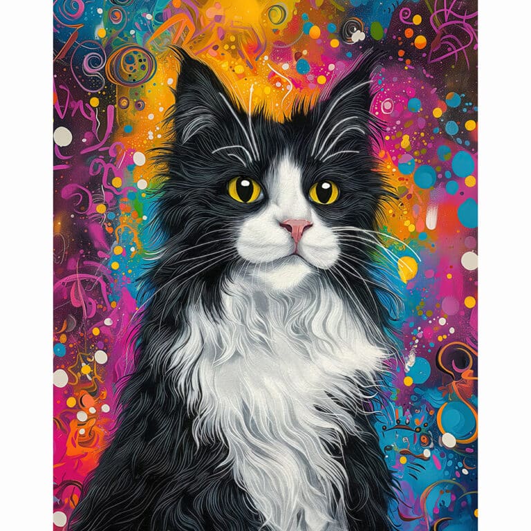Fluffy Tuxedo Cat – Colorful Art Print