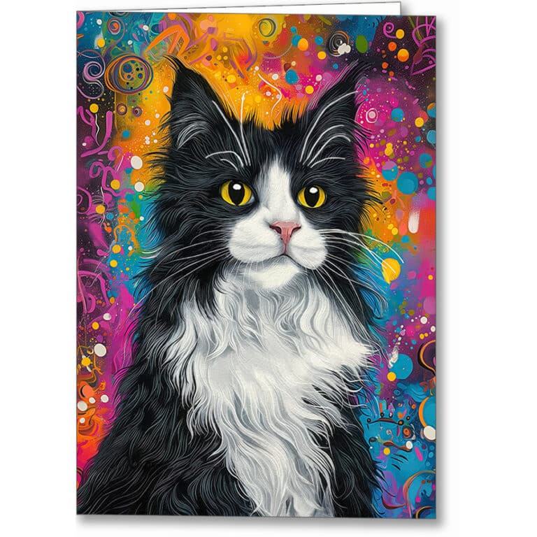 Fluffy Tuxedo Cat – Colorful Greeting Card