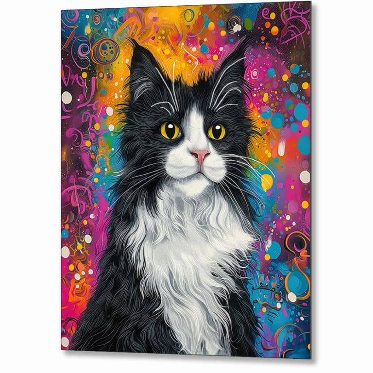 Fluffy Tuxedo Cat – Colorful Metal Print